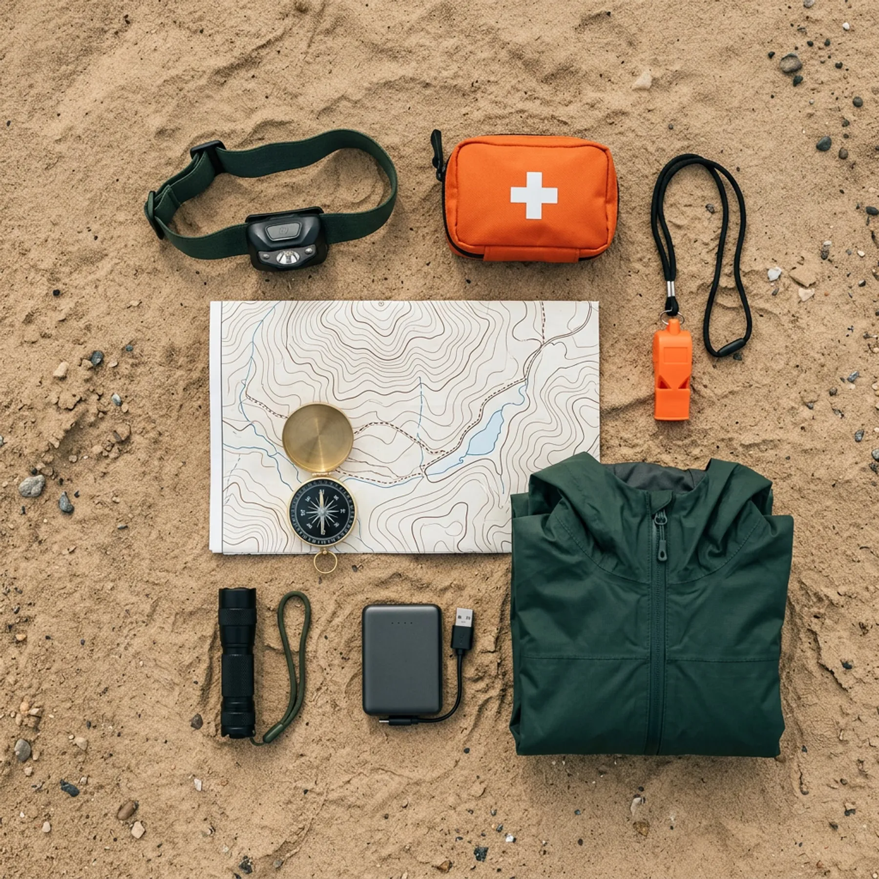 Compact hiking safety gear flat lay on a warm sand surface